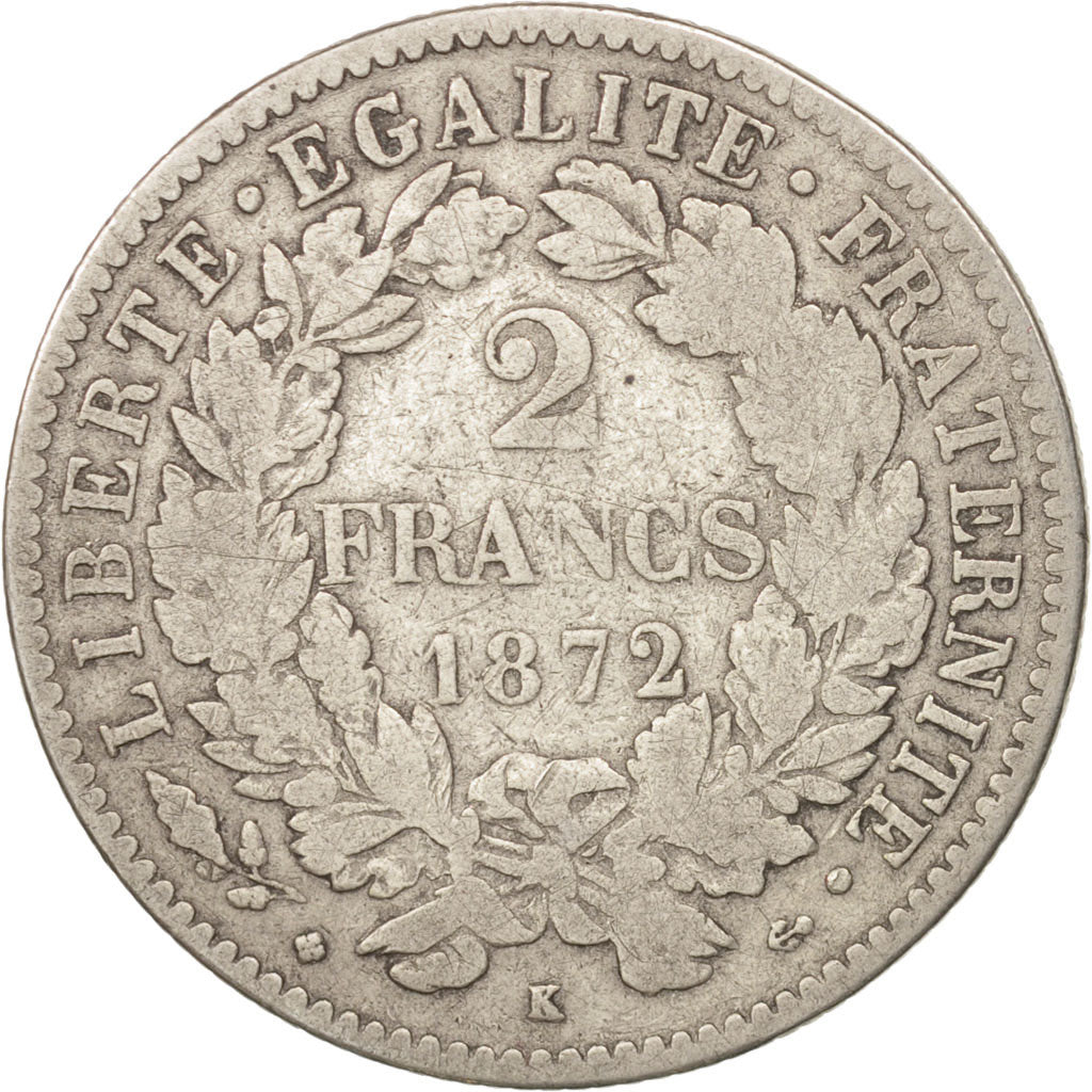 France, Cérès, 2 Francs, 1872, Bordeaux, VF(30-35), Silver, KM:817.2