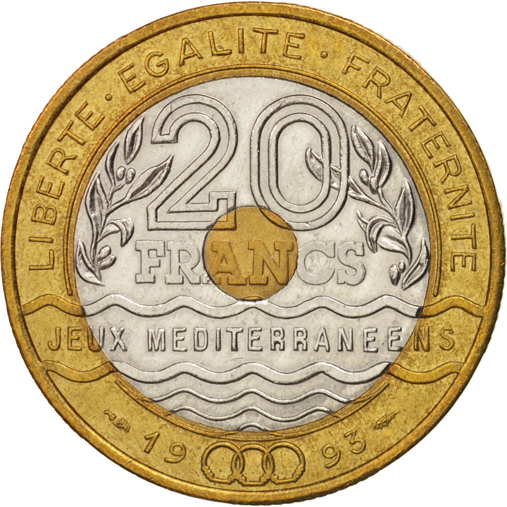 France, Jeux Méditerranéens, 20 Francs, 1993, MS(63), Tri-Metallic, KM:1016