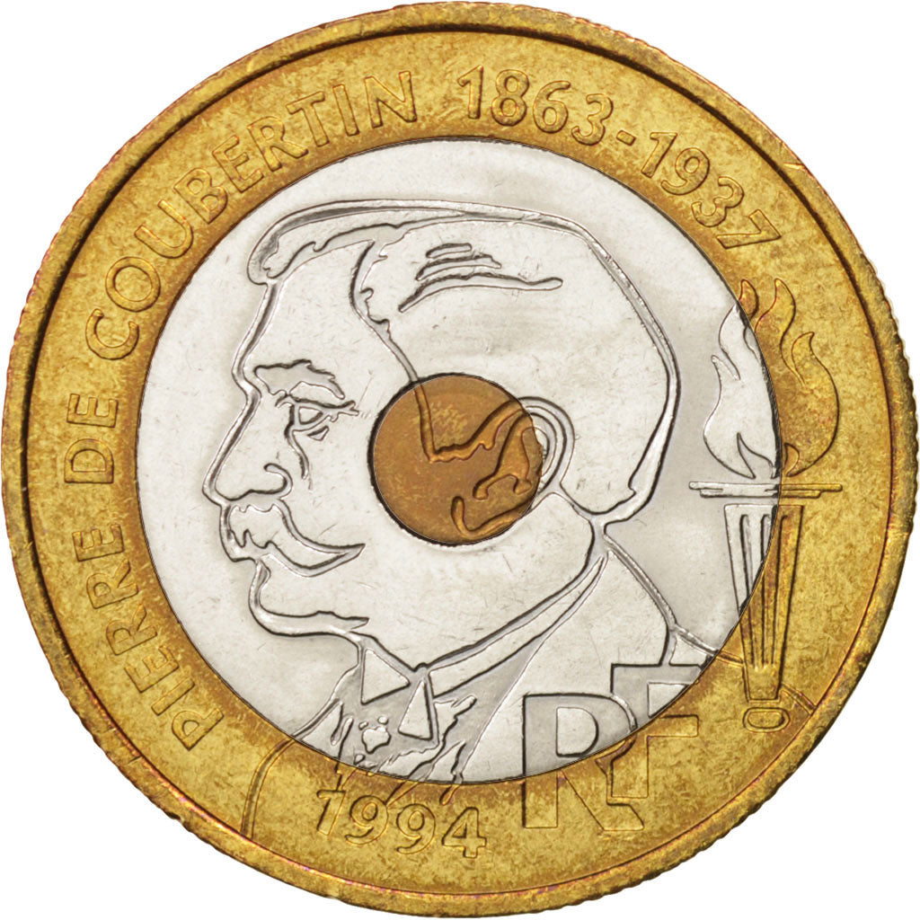 France, Pierre de Coubertin, 20 Francs, 1994, MS(63), Tri-Metallic, KM:1036