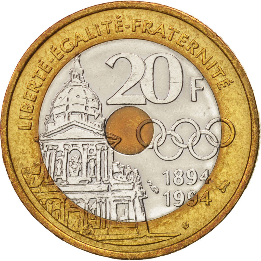 France, Pierre de Coubertin, 20 Francs, 1994, MS(63), Tri-Metallic, KM:1036