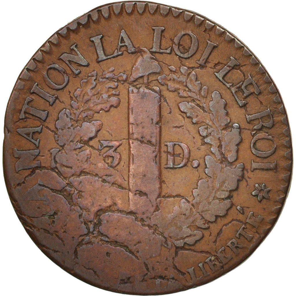 France, Louis XVI, 3 deniers français, 1792, Strasbourg, B+, KM:609, Gadoury:4