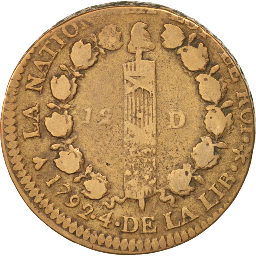 France, Louis XVI, 12 deniers français, 1792, Strasbourg, VF(20-25), KM:601