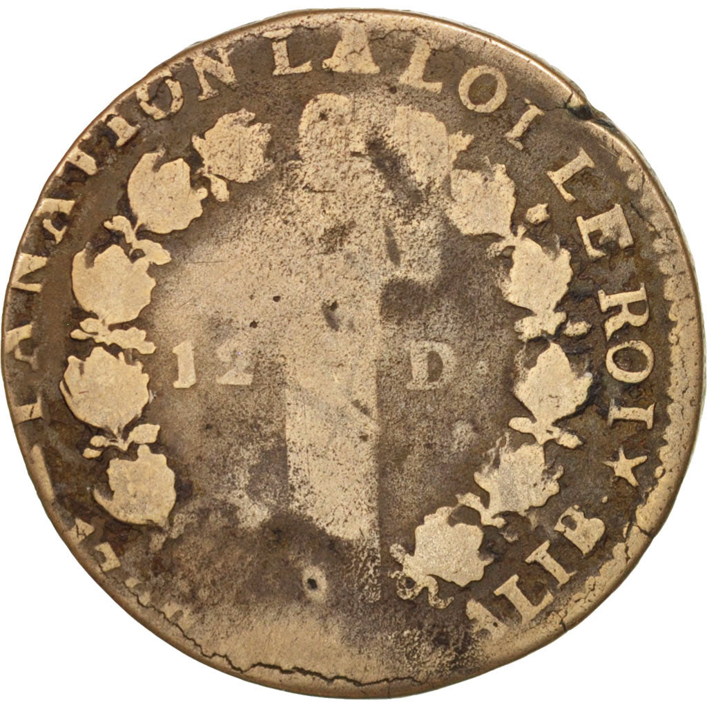 France, Louis XVI, 12 deniers françois, 1792, Lille, VG(8-10), KM:600.16