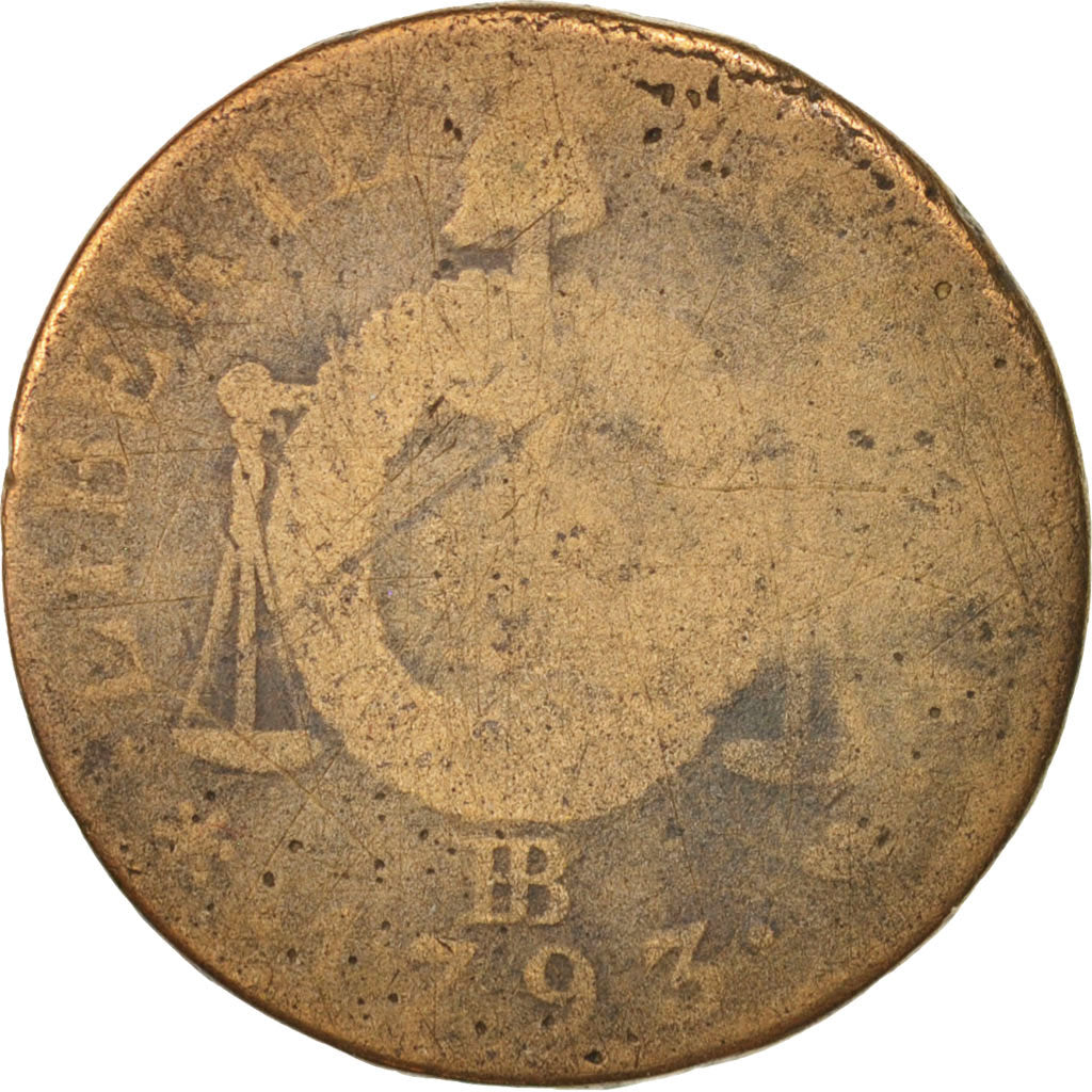 France, Sol aux balances françoise, 1793, Strasbourg, B, Bronze, Gadoury:19