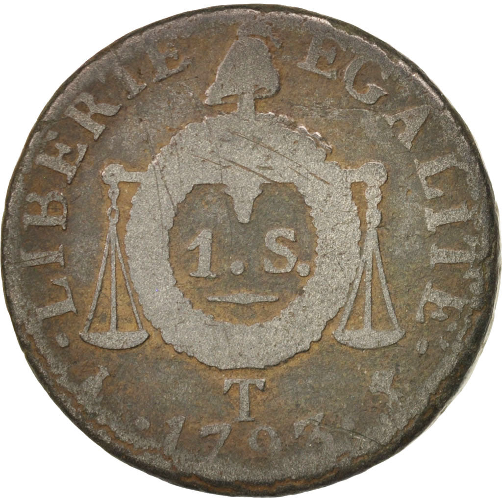 France, Sol aux balances françoise, 1793, Nantes, VG(8-10), Bronze, KM:619.11