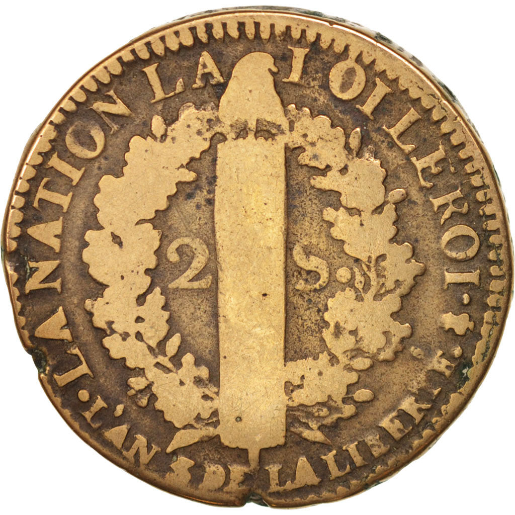 France, Louis XVI, 2 sols françois, 1791, Paris, VG(8-10), Bronze, KM:603.1