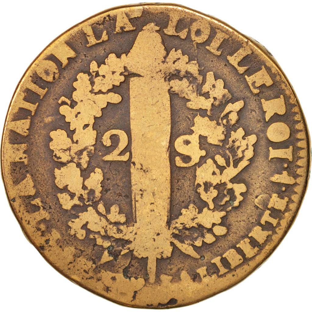 Francia, 2 sols françois, 2 Sols, 1791, Lille, B, Bronzo, KM:603.16, Gadoury:25