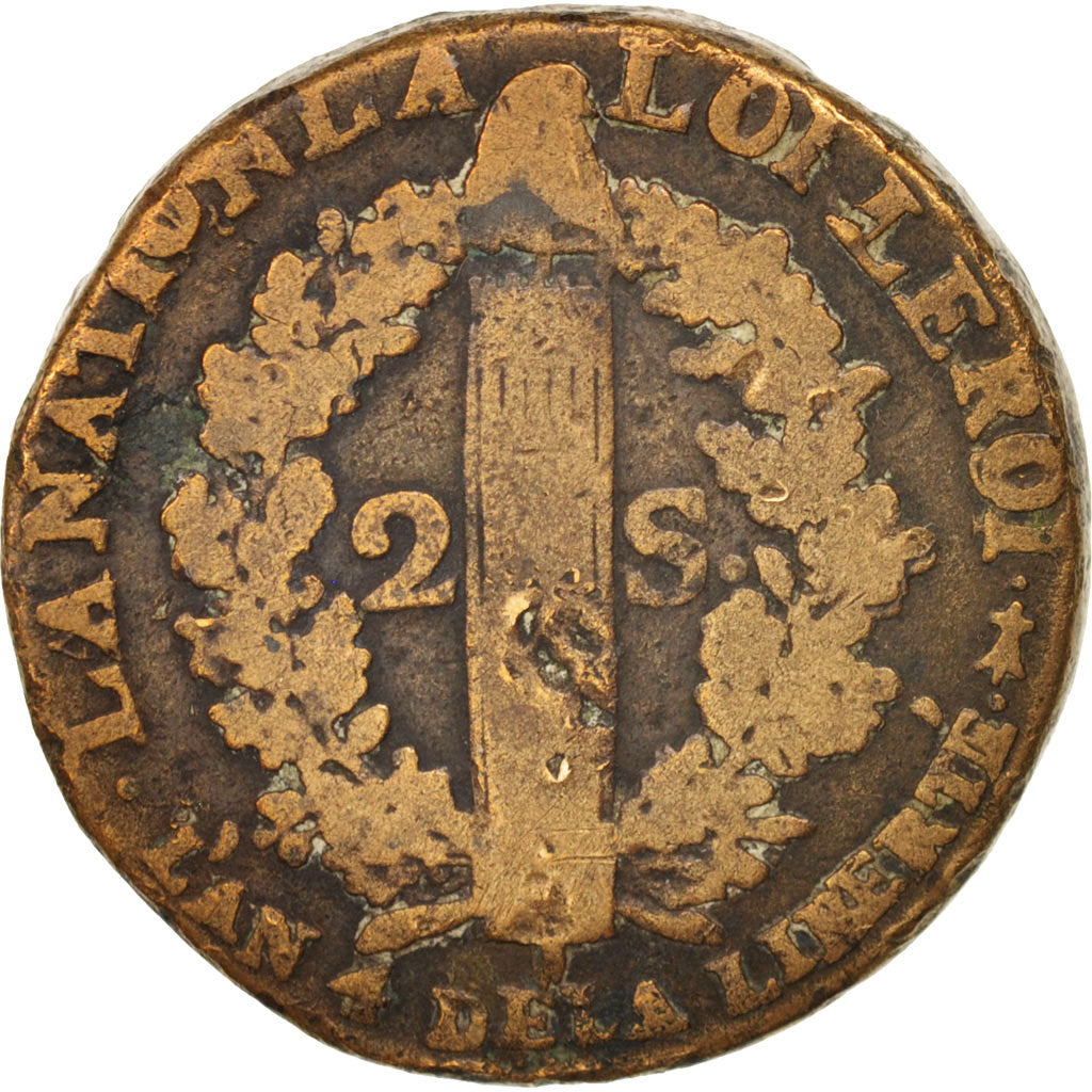Francia, 2 sols françois, 2 Sols, 1792, Metz, B+, Bronzo, KM:603.2, Gadoury:25
