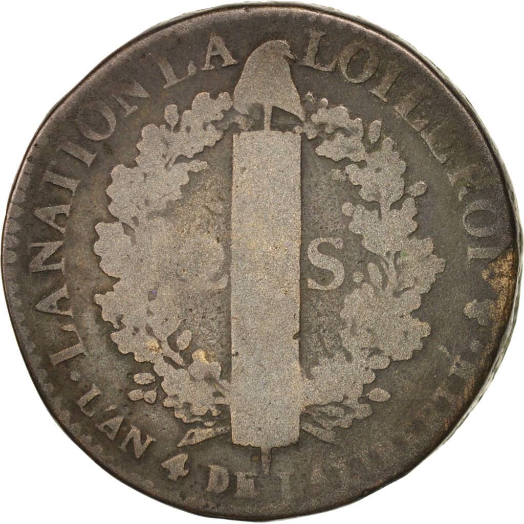 France, Louis XVI, 2 sols françois, 1792, Paris, VG(8-10), Bronze, KM:603.1