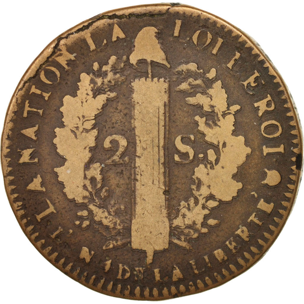 Coin, France, 2 sols françois, 2 Sols, 1792, Montpellier, F(12-15), Bronze