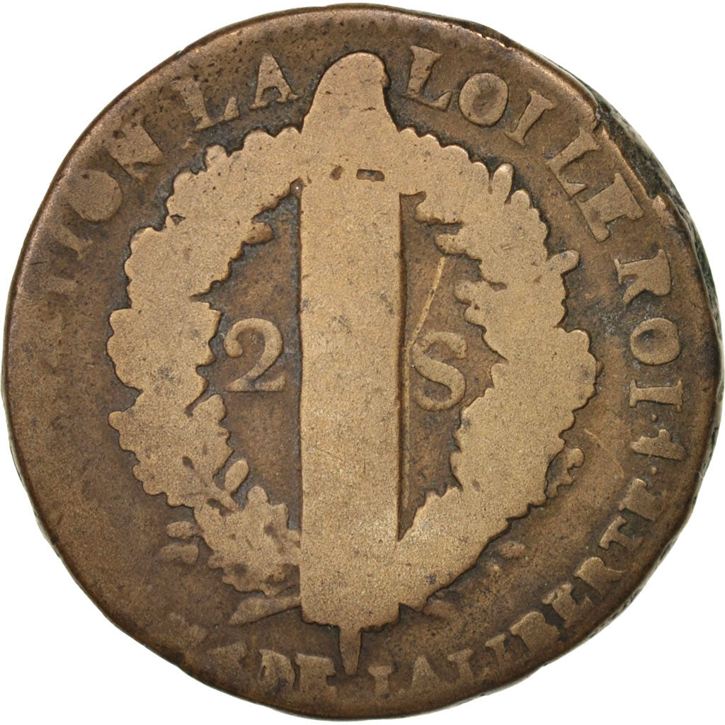 Frankreich, Louis XVI, 2 sols françois, 1792, Lille, VG(8-10), Bronze, KM:603.16