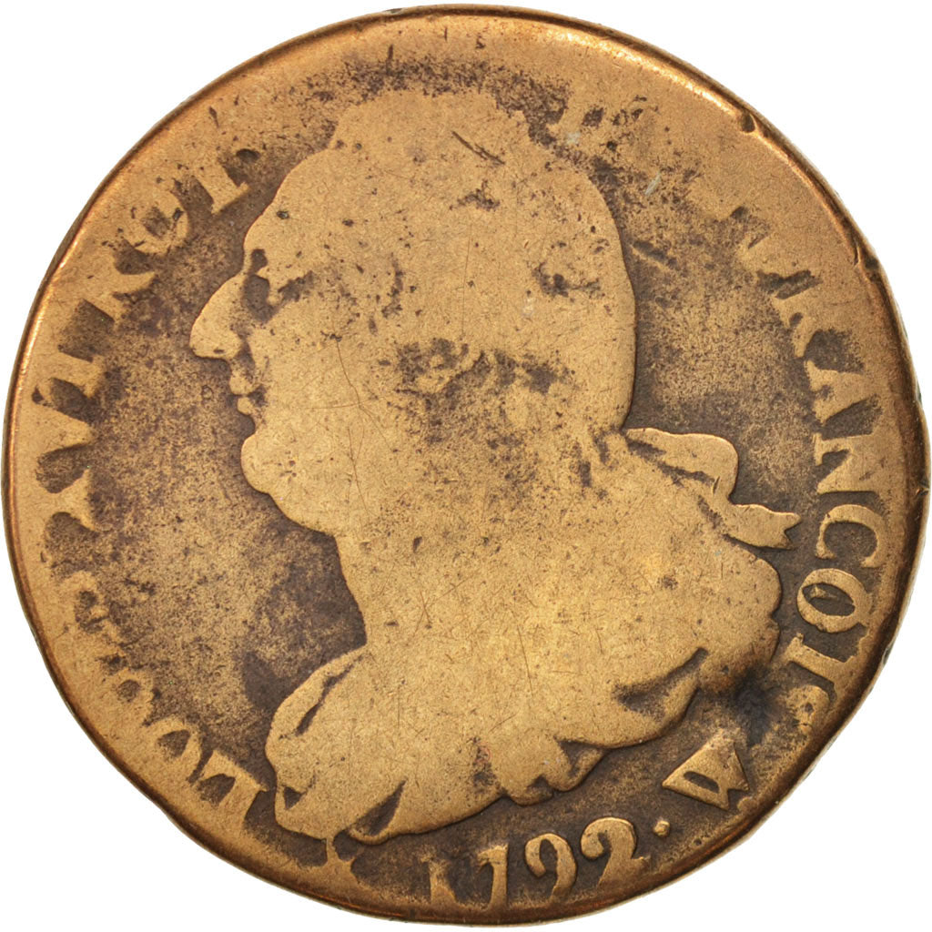 France, Louis XVI, 2 sols françois, 1792, Arras, VG(8-10), Bronze, Gadoury:25