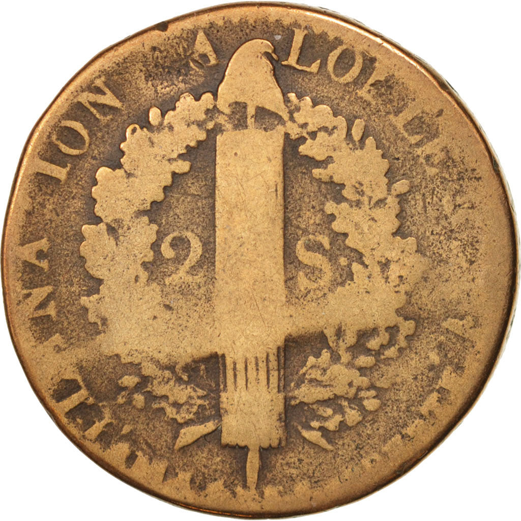 France, Louis XVI, 2 sols françois, 1792, Arras, VG(8-10), Bronze, Gadoury:25