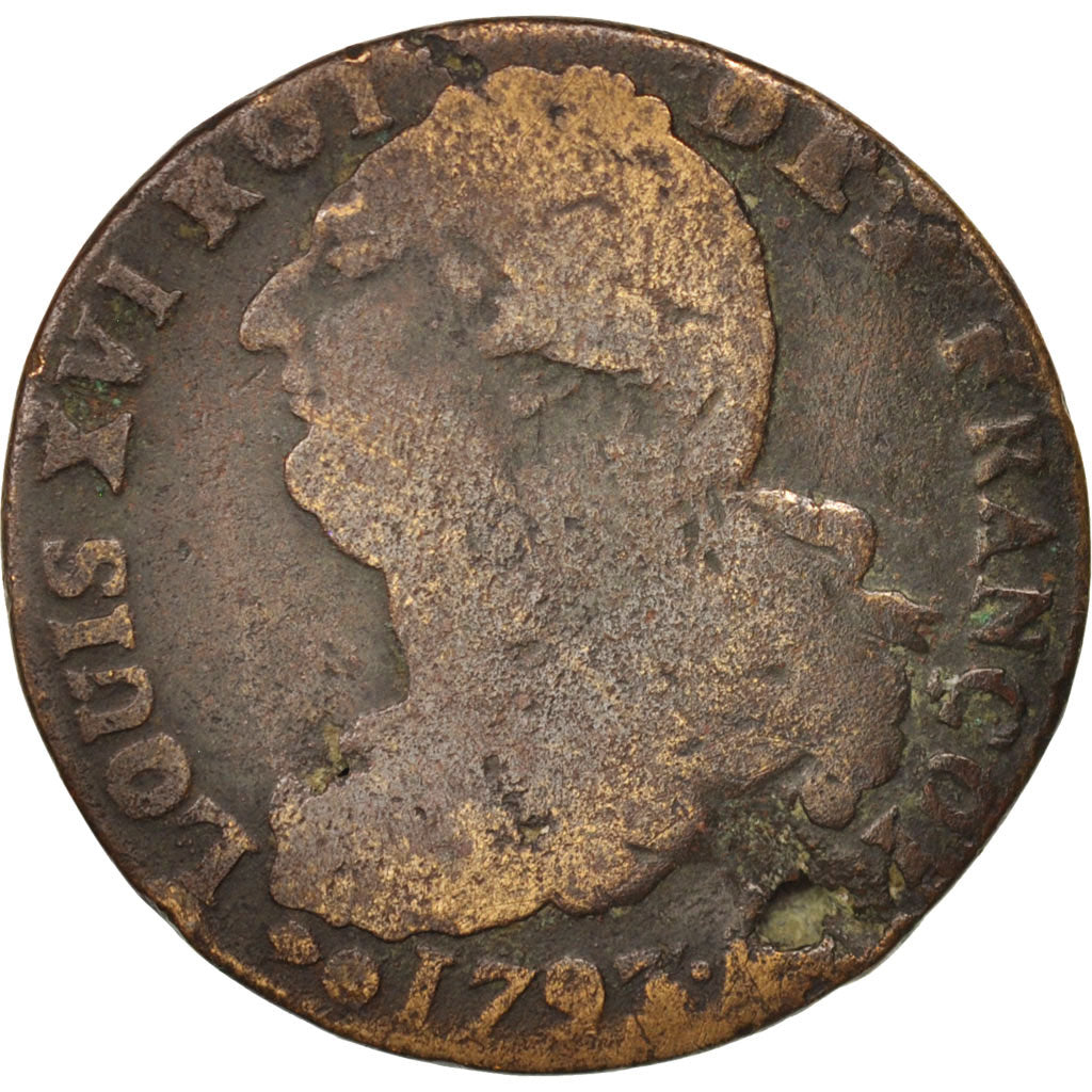 France, Louis XVI, 2 sols françois, 1793, Metz, VG(8-10), Bronze, KM:603.2