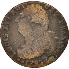 France, Louis XVI, 2 sols françois, 1793, Metz, VG(8-10), Bronze, KM:603.2