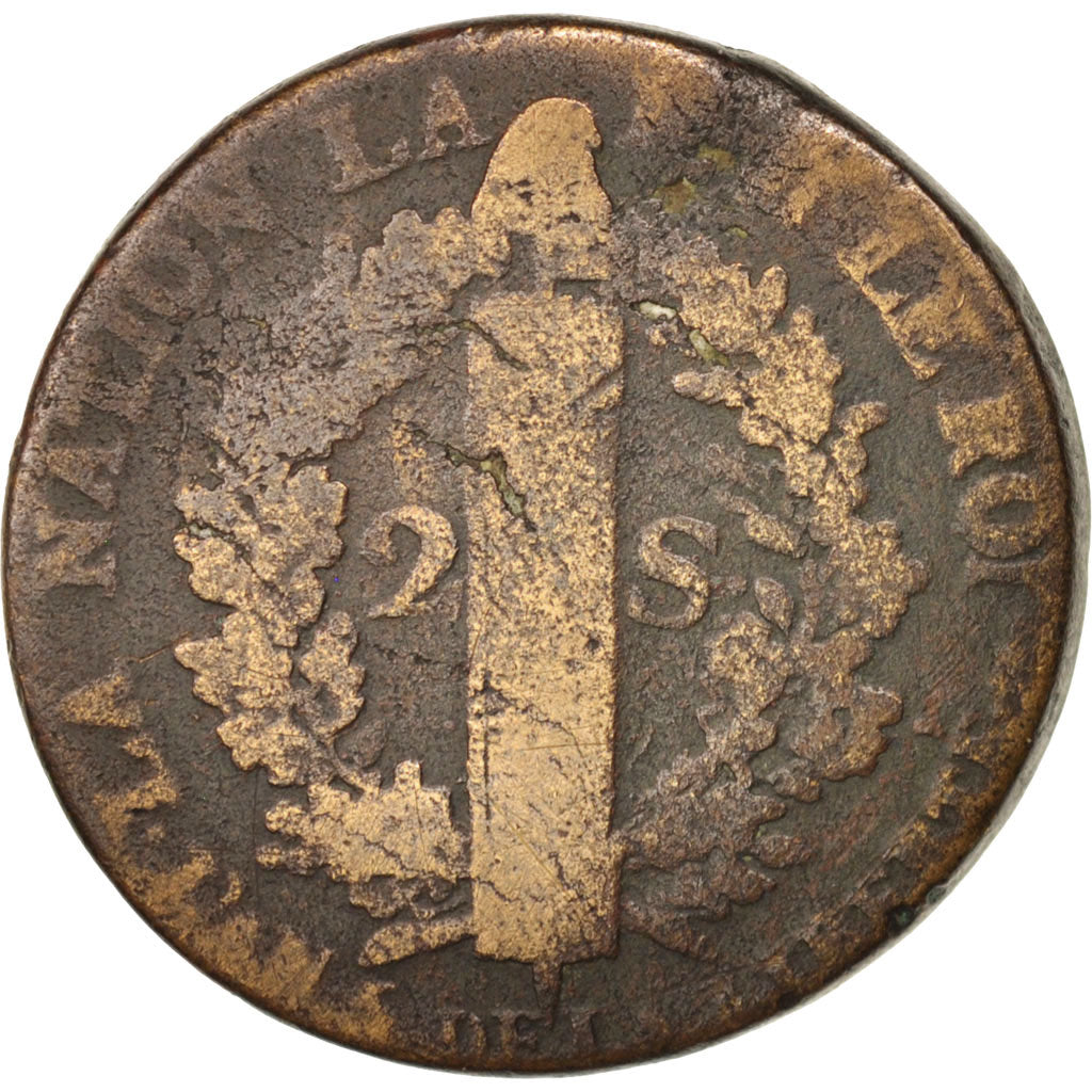 France, Louis XVI, 2 sols françois, 1793, Metz, VG(8-10), Bronze, KM:603.2