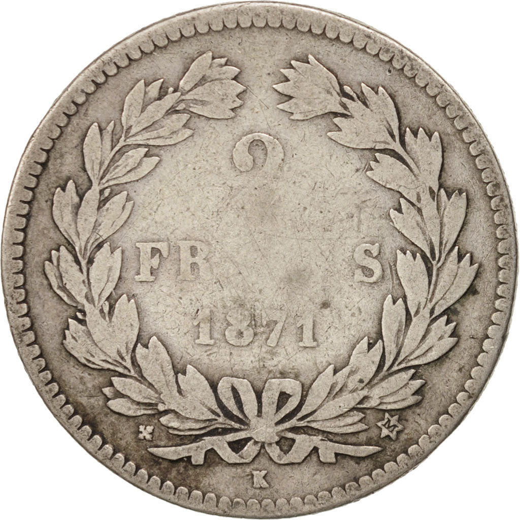 Coin, France, Cérès, 2 Francs, 1871, Bordeaux, VF(20-25), Silver, KM:817.2