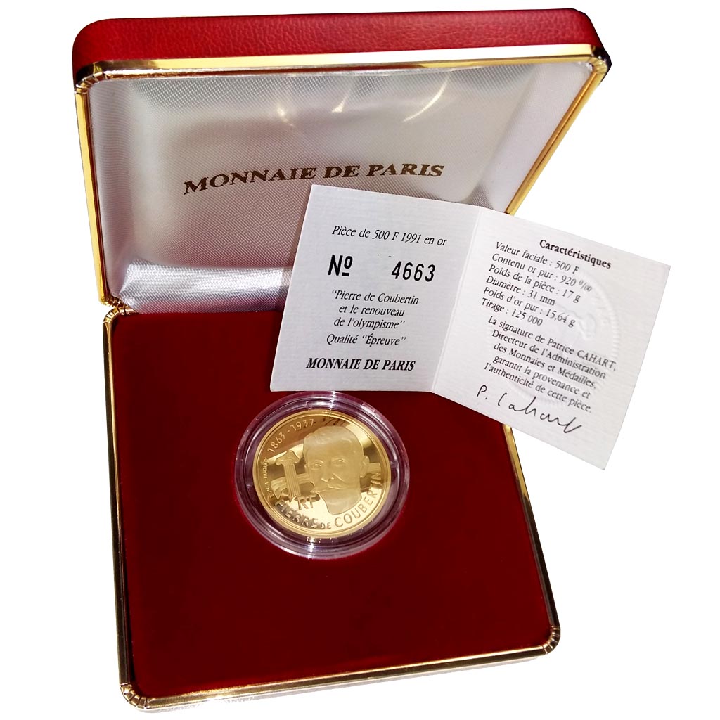 France, Pierre de Coubertin, 500 Francs, 1991, Paris, MS(65-70), Gold, KM:1000