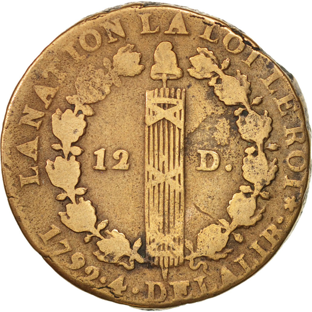 France, Louis XVI, 12 deniers françois, 1792, Paris, VF(30-35), KM:600.1