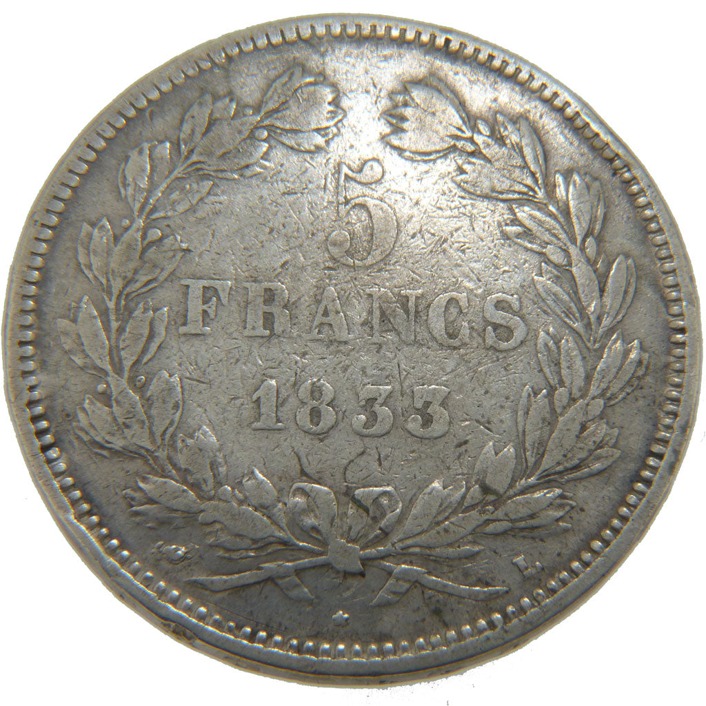 FRANCE, Louis-Philippe, 5 Francs, 1833, Bayonne, VF(30-35), Silver, Gadoury...