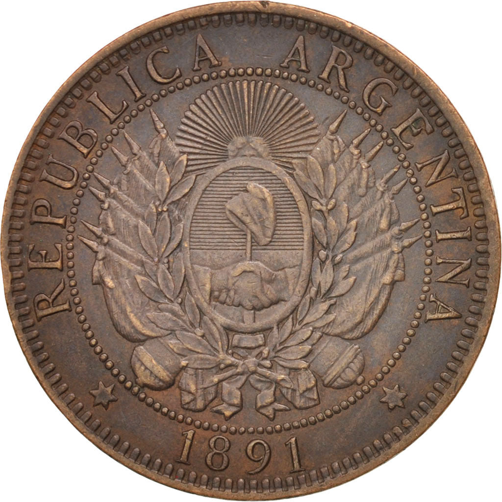 Argentina, 2 Centavos, 1891, AU(50-53), Bronze, KM:33