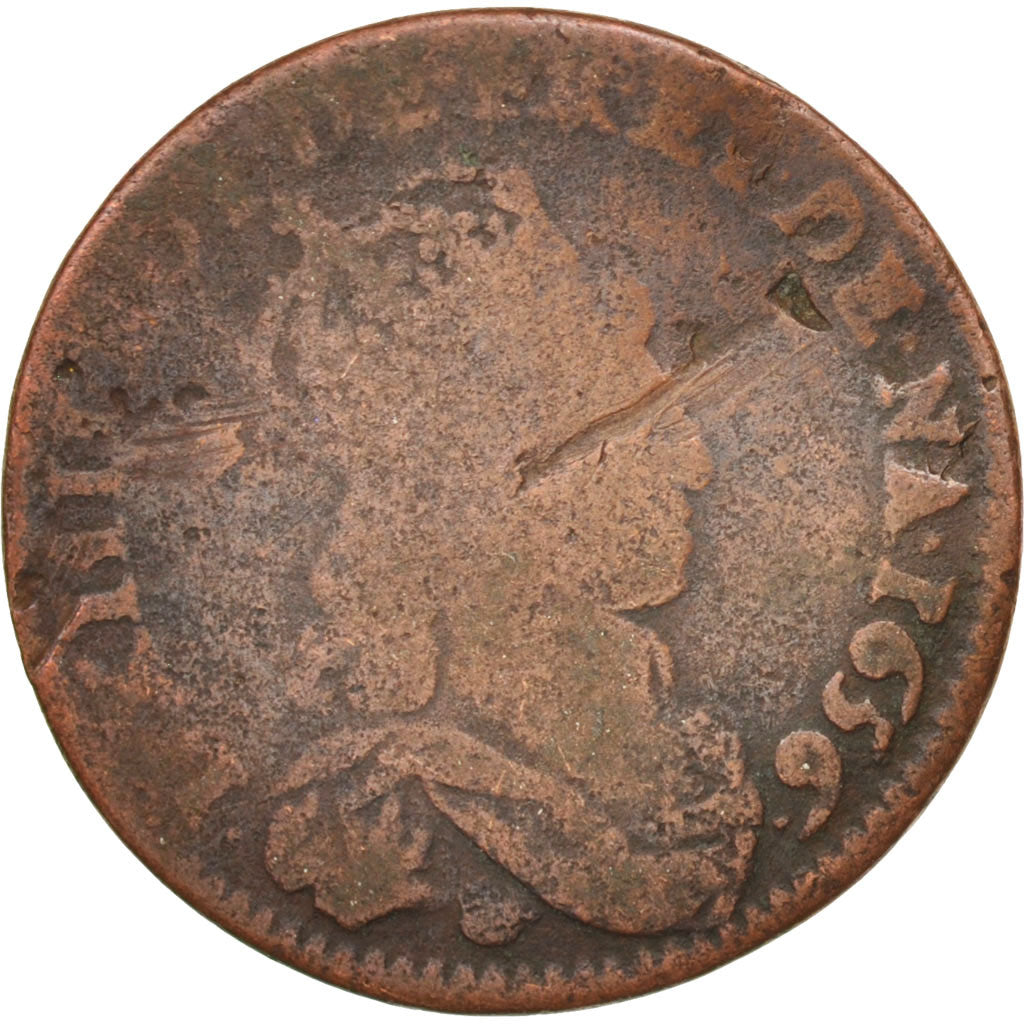 France, Louis XIV, Liard de France, 1656, Limoges, F(12-15), KM:192.9