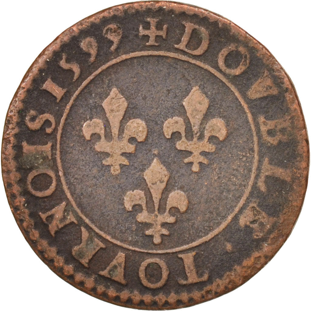 France, Henri IV, Double Tournois, 1599, Paris, VF(20-25), Copper, CGKL:222