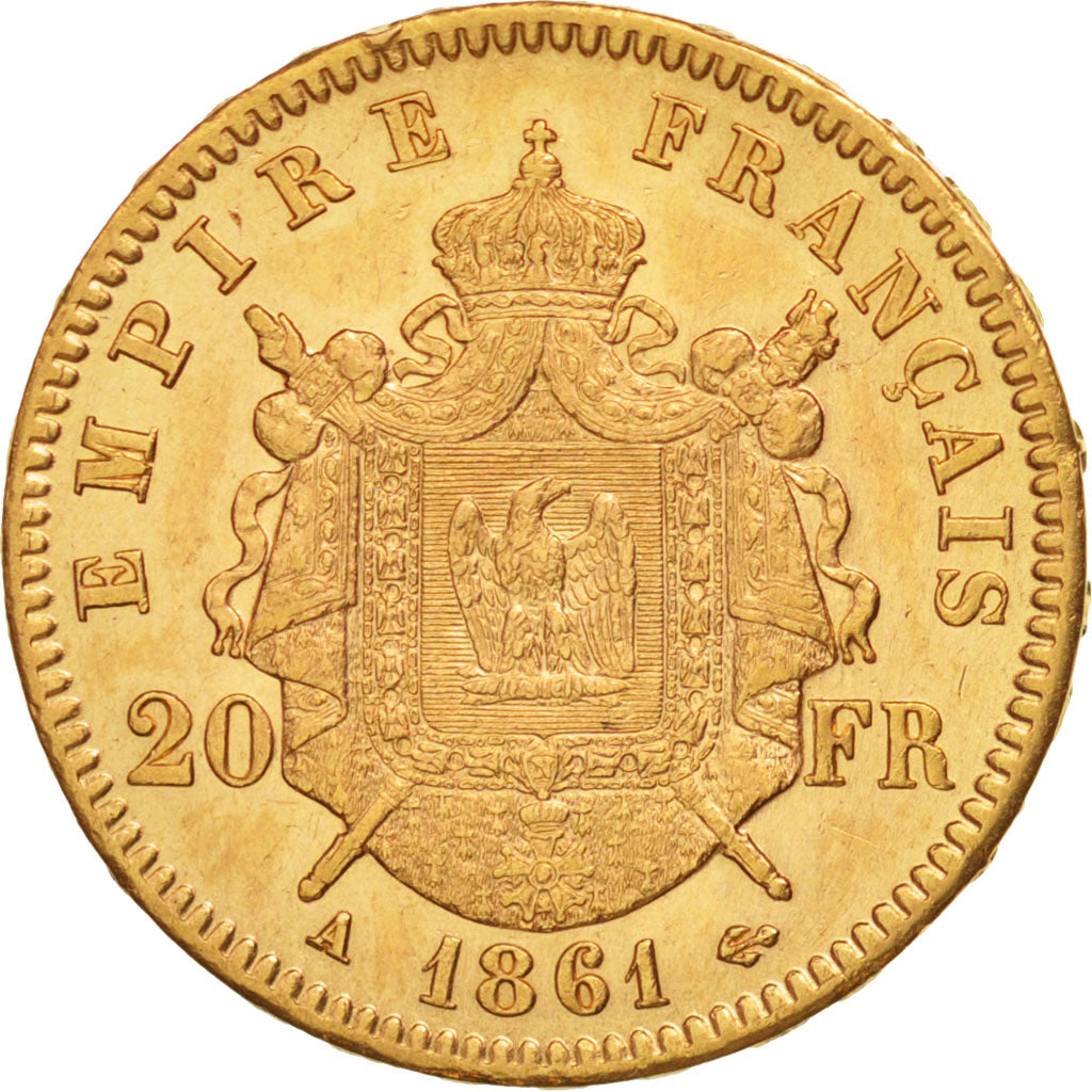 France, Napoleon III, 20 Francs, 1861, Paris, AU(55-58), Gold, KM:801.1