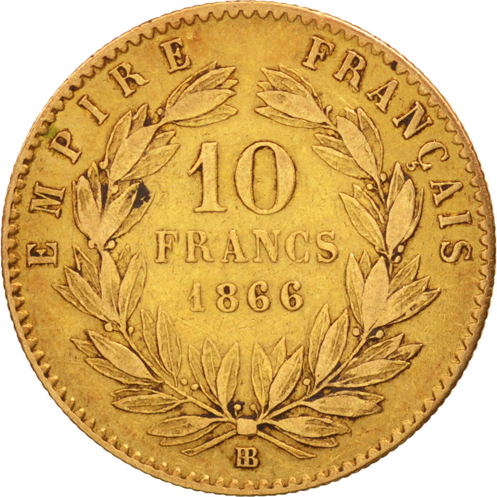 France, Napoleon III, 10 Francs, 1866, Strasbourg, EF(40-45), KM:800.2