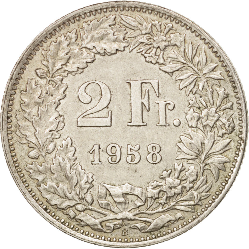 Switzerland, 2 Francs, 1958, Bern, AU(55-58), Silver, KM:21