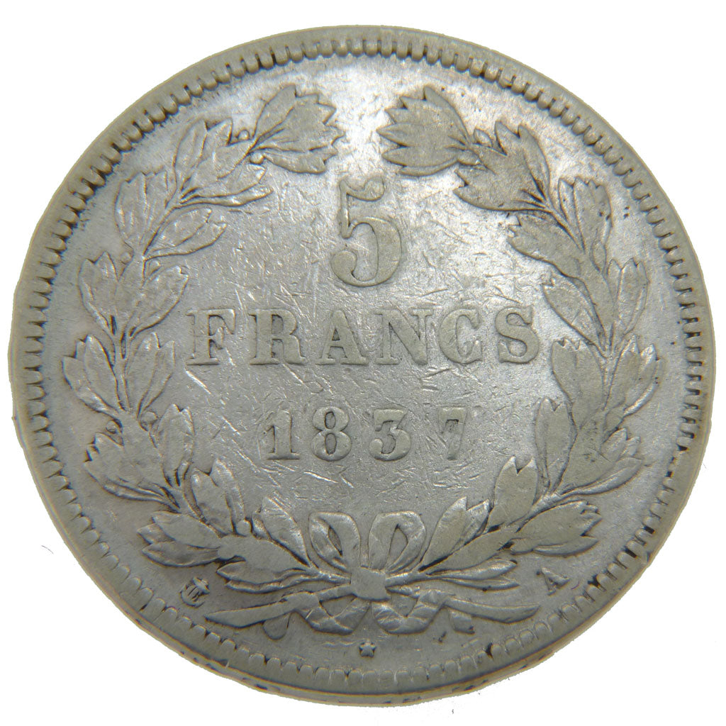 FRANCE, Louis-Philippe, 5 Francs, 1837, Paris, VF(20-25), Silver, Gadoury #678,.