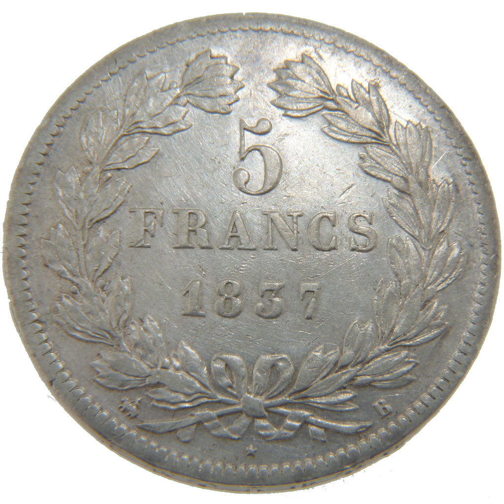 FRANCE, Louis-Philippe, 5 Francs, 1837, Rouen, KM #749.2, EF(40-45), Silver,...