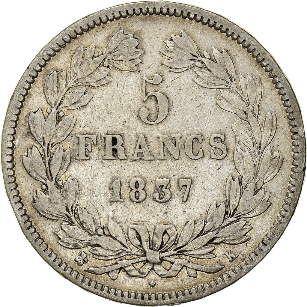 Monnaie, France, Louis-Philippe, 5 Francs, 1837, Bordeaux, TB+, Argent