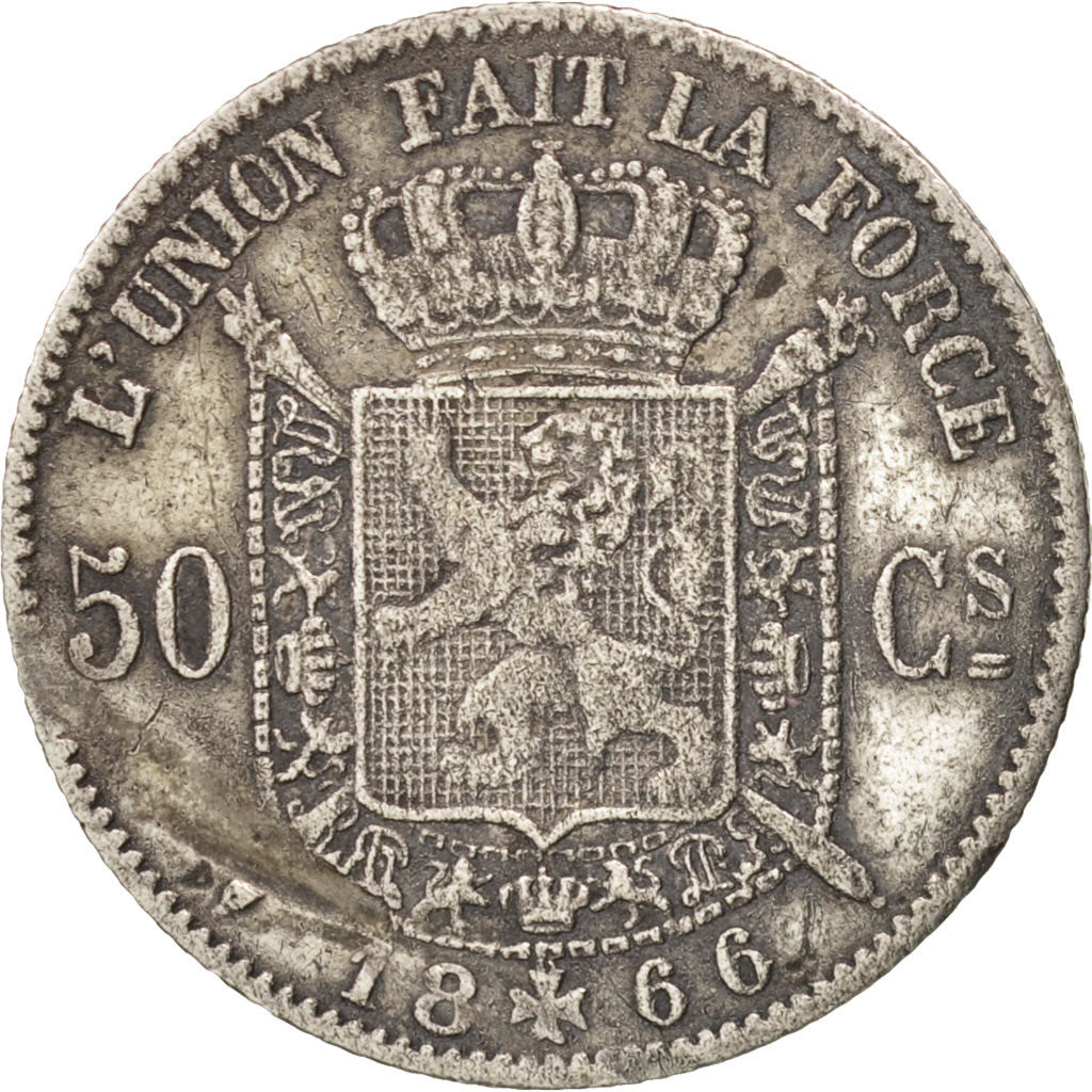 Coin, Belgium, Leopold II, 50 Centimes, 1866, EF(40-45), Silver, KM:26