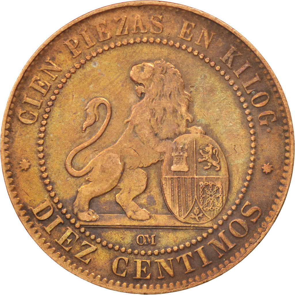 Spanien, 10 Centimos, 1870, EF(40-45), Copper, KM:663