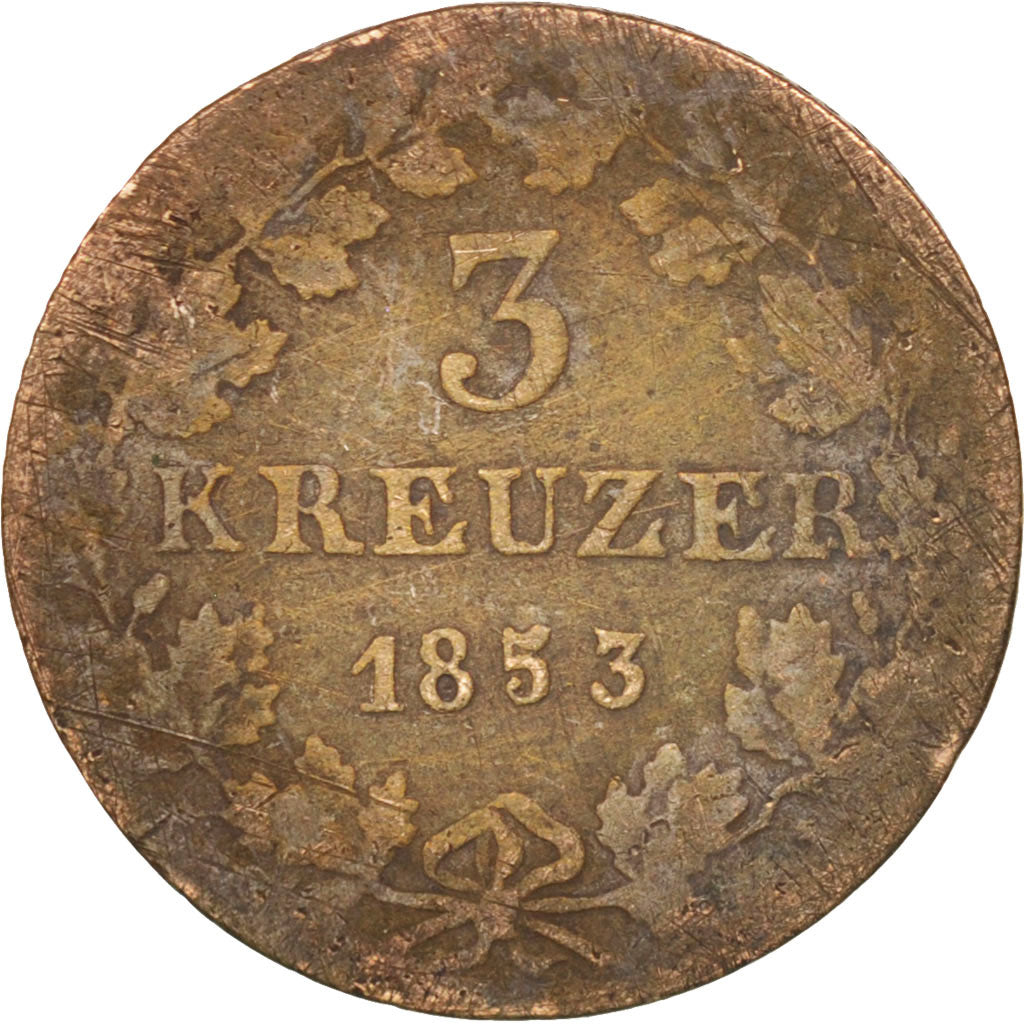 Münze, Deutsch Staaten, FRANKFURT AM MAIN, 3 Kreuzer, 1853, S, Silber, KM:334