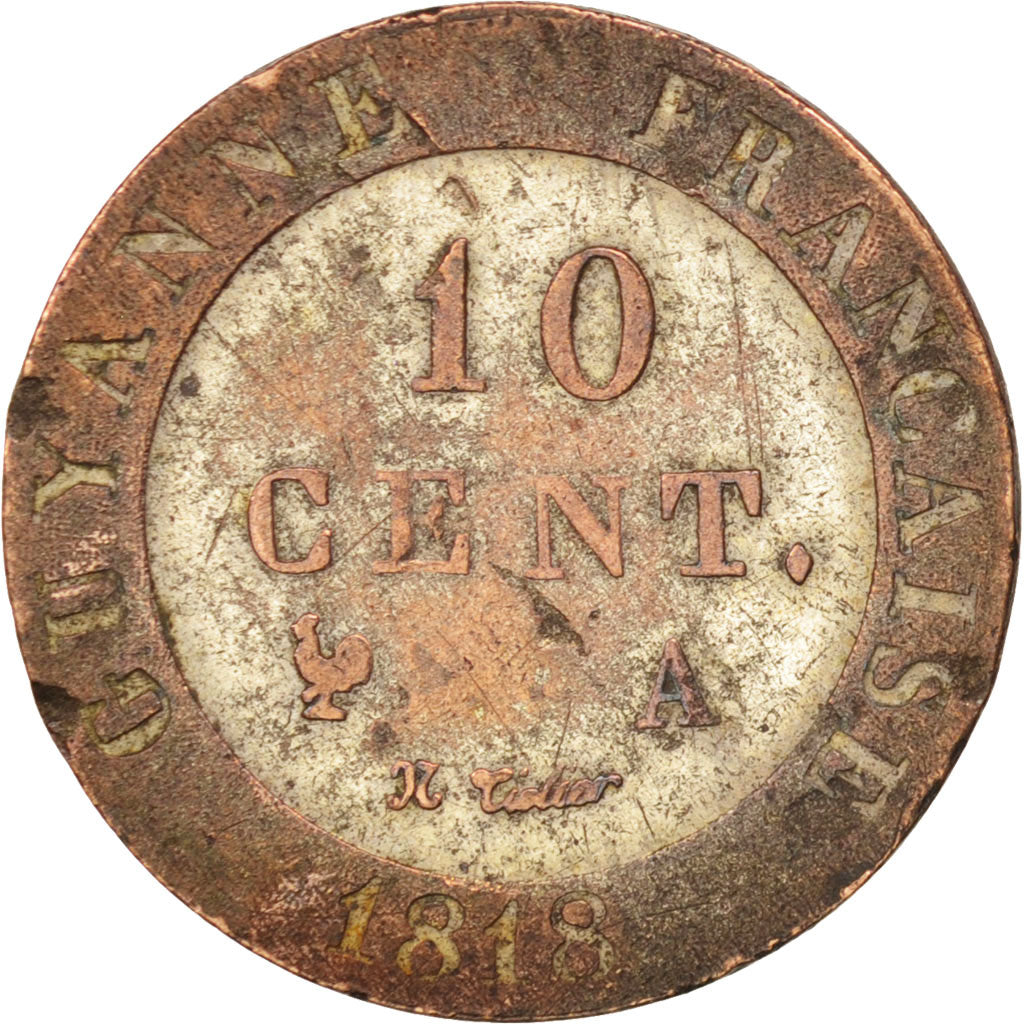 FRENCH GUIANA, 10 Centimes, 1818, Paris, VF(30-35), Billon, KM:A1
