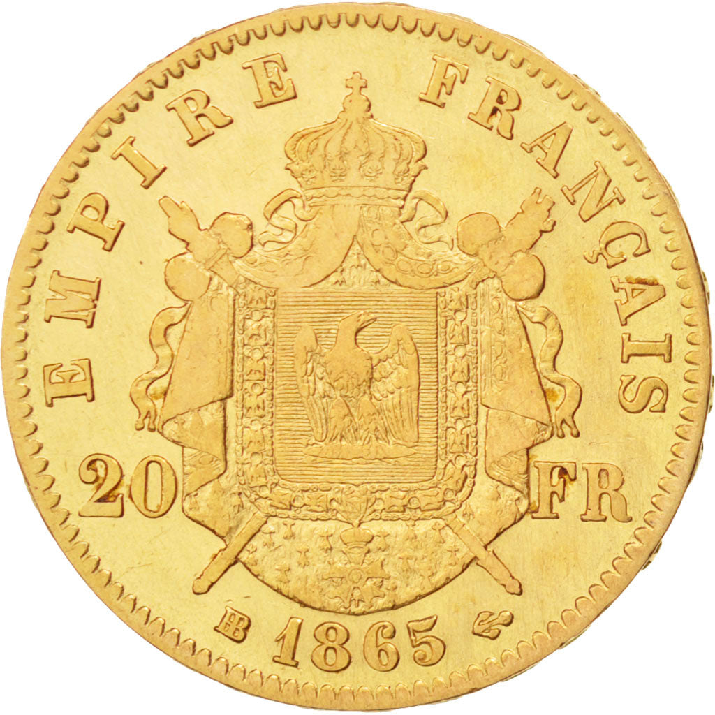 France, Napoleon III, 20 Francs, 1865, Strasbourg, EF(40-45), Gold, KM:801.2