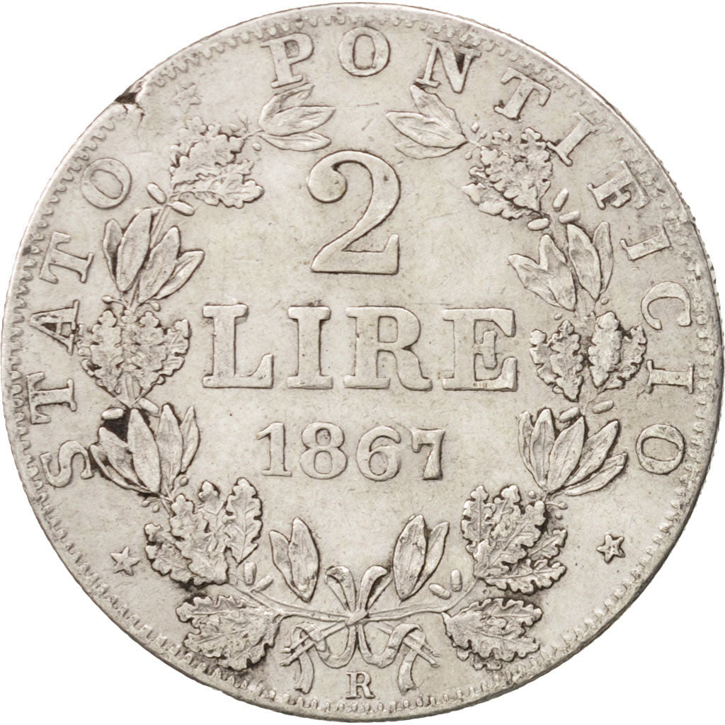 Coin, ITALIAN STATES, PAPAL STATES, Pius IX, 2 Lire, 1867, Rome, AU(50-53)