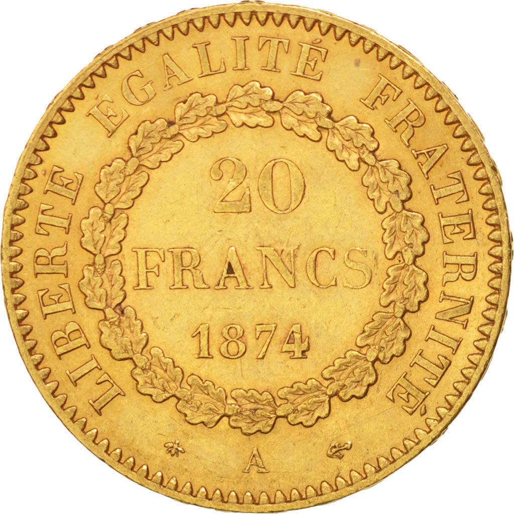 France, Génie, 20 Francs, 1874, Paris, AU(50-53), Gold, KM:825, Gadoury:1063