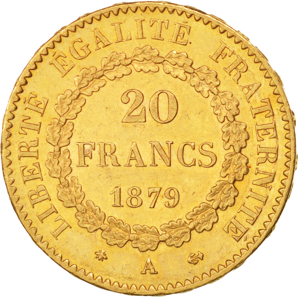 France, Génie, 20 Francs, 1879, Paris, AU(50-53), Gold, KM:825, Gadoury:1063