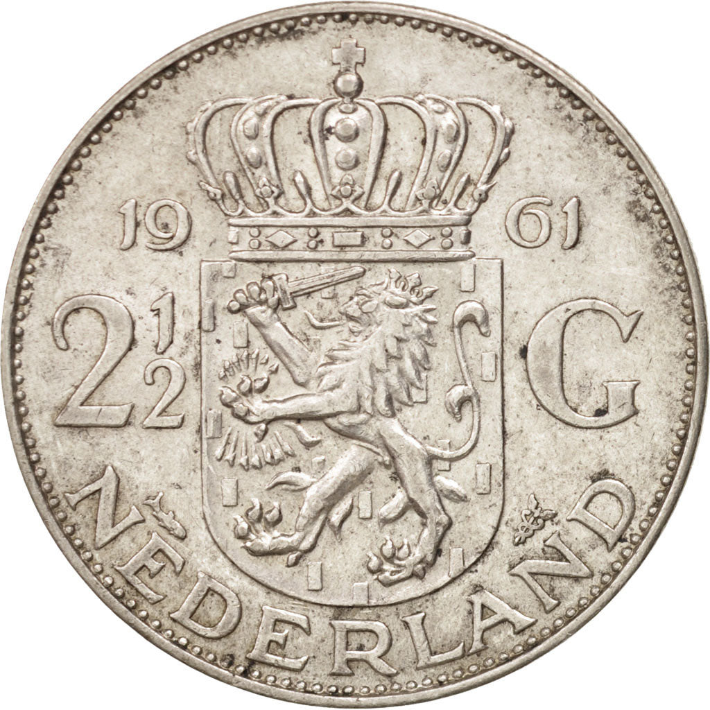 Netherlands, Juliana, 2-1/2 Gulden, 1961, AU(55-58), Silver, KM:185