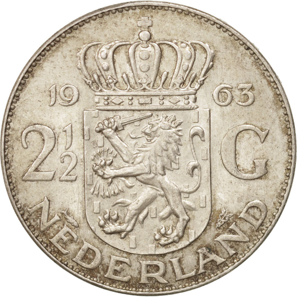 Coin, Netherlands, Juliana, 2-1/2 Gulden, 1963, MS(60-62), Silver, KM:185