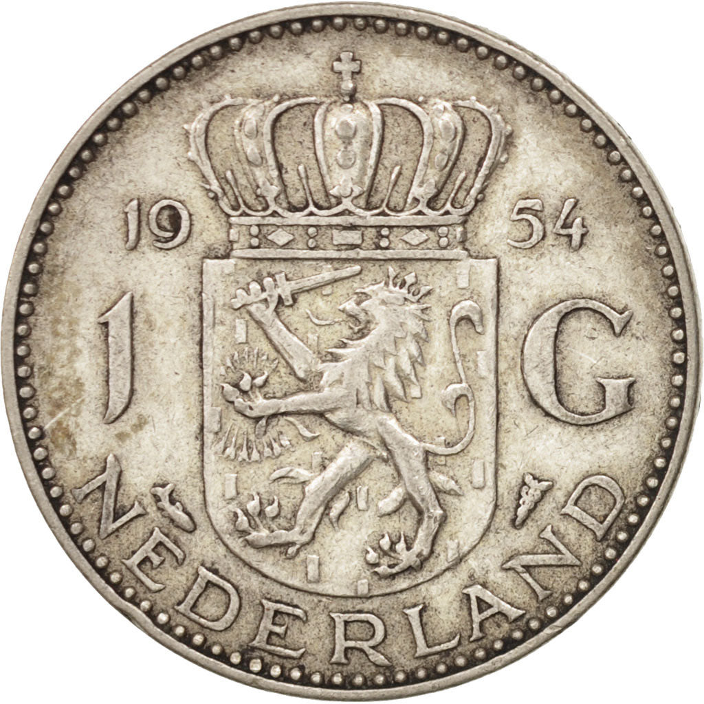 Netherlands, Juliana, Gulden, 1954, AU(50-53), Silver, KM:184