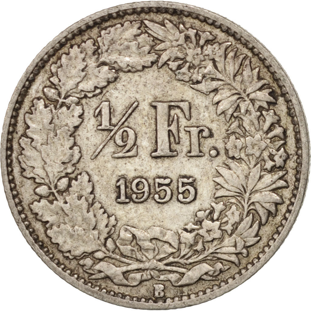 Switzerland, 1/2 Franc, 1955, Bern, AU(50-53), Silver, KM:23