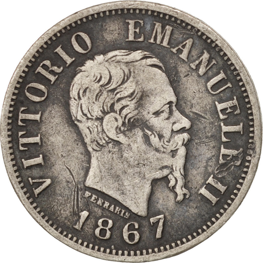 Italy, Vittorio Emanuele II, 50 Centesimi, 1867, Milan, VF(30-35), KM:14.1