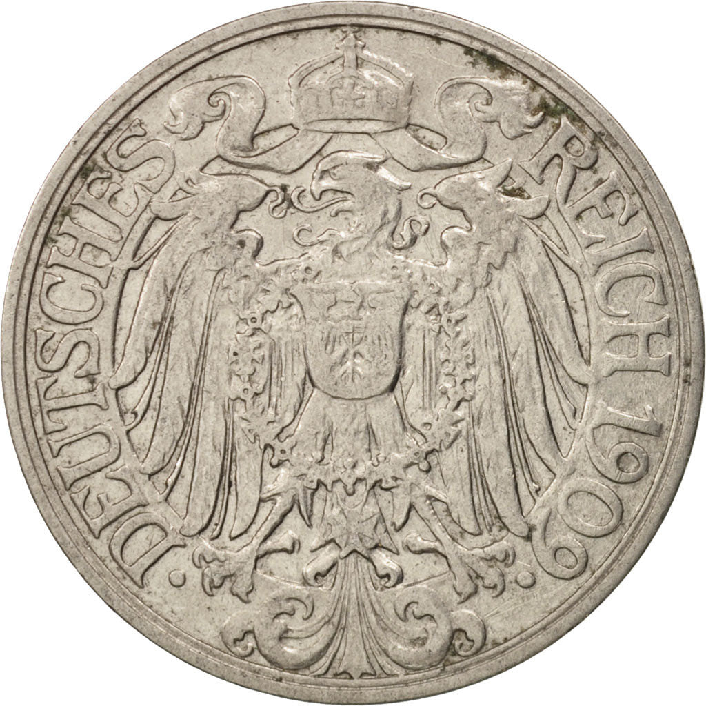 Coin, GERMANY - EMPIRE, Wilhelm II, 25 Pfennig, 1909, Karlsruhe, EF(40-45)