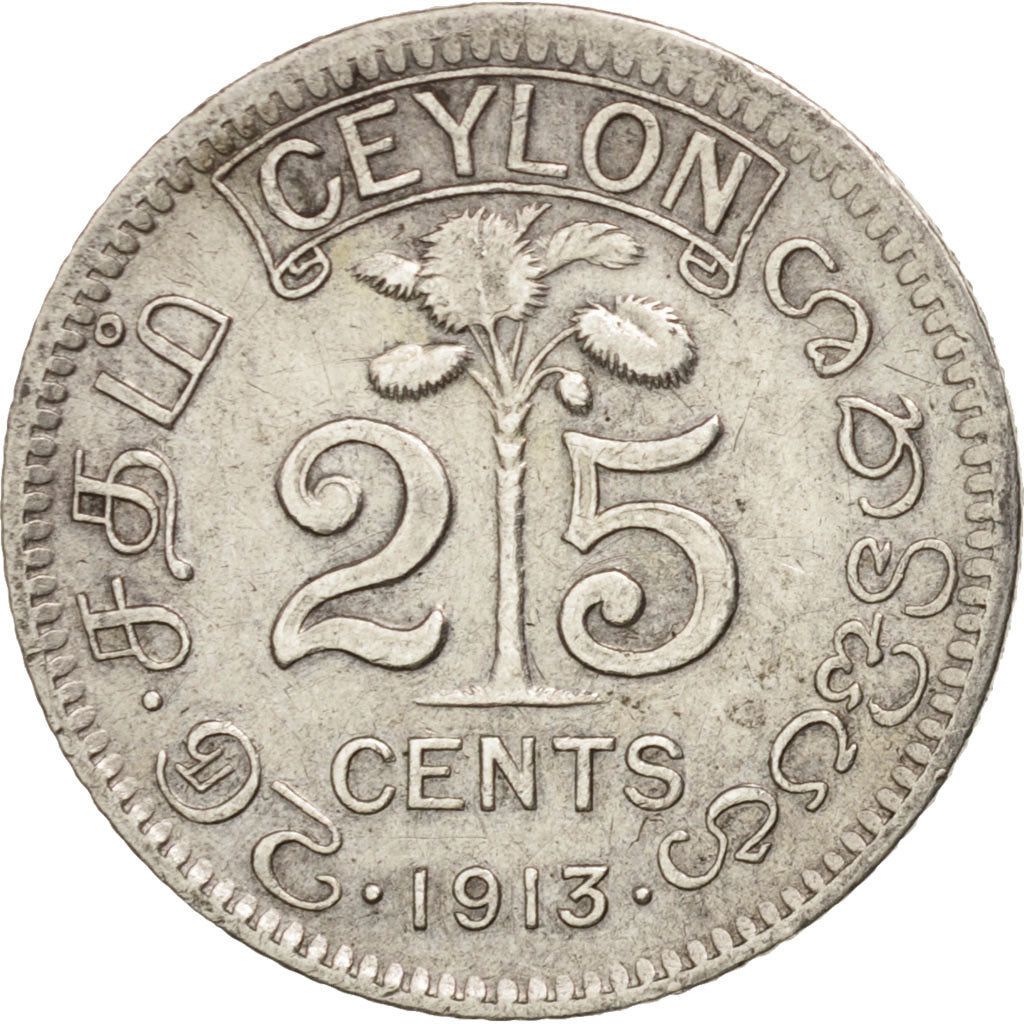 Ceylon, George V, 25 Cents, 1913, VF(30-35), Silver, KM:105