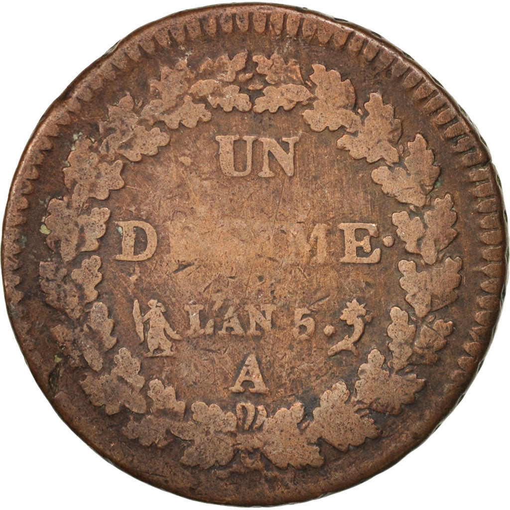 France, Dupré, Decime, An 5, 1796, Paris, F(12-15), Bronze, KM:644.1