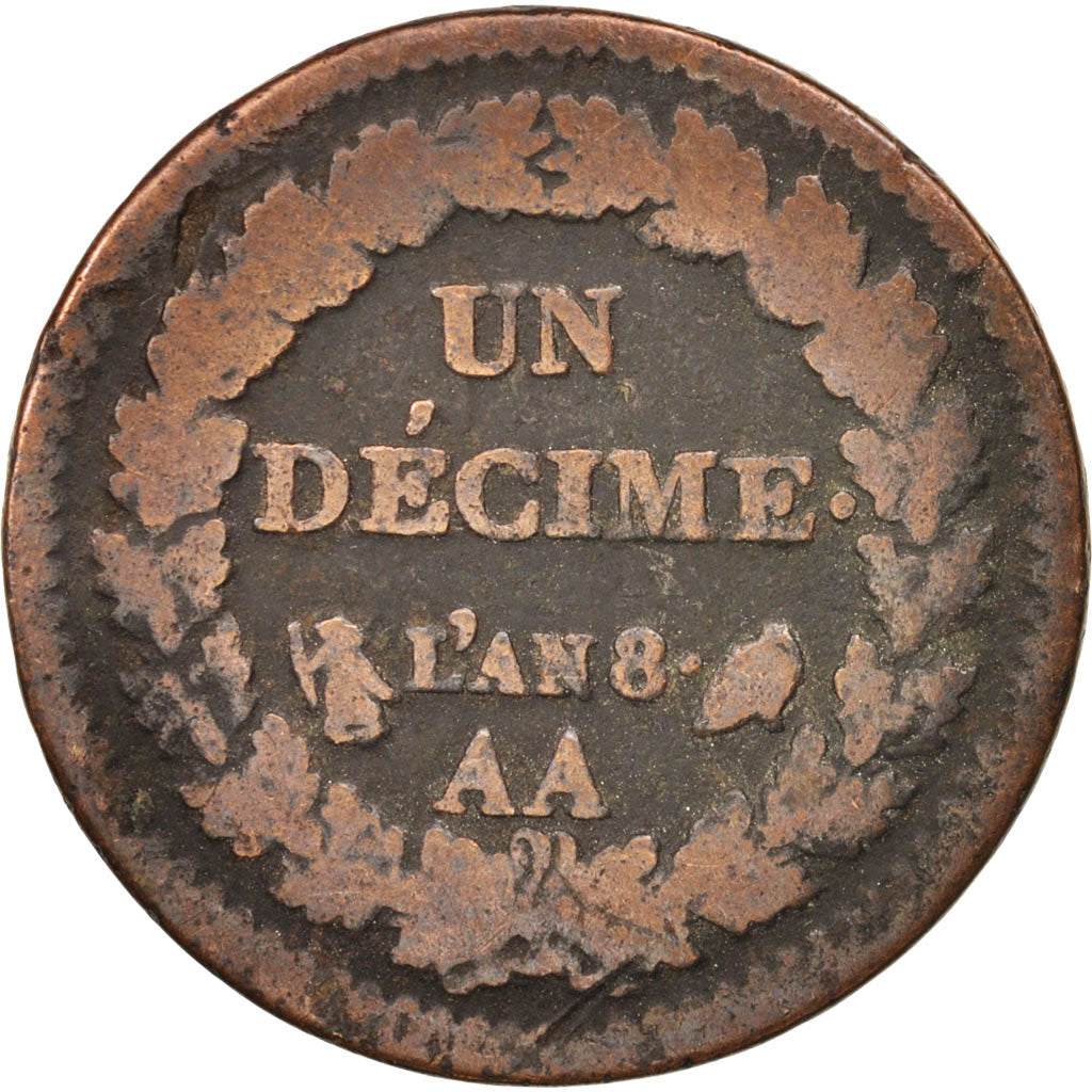 France, Dupré, Decime, An 8, 1799, Metz, F(12-15), Bronze, KM:644.2
